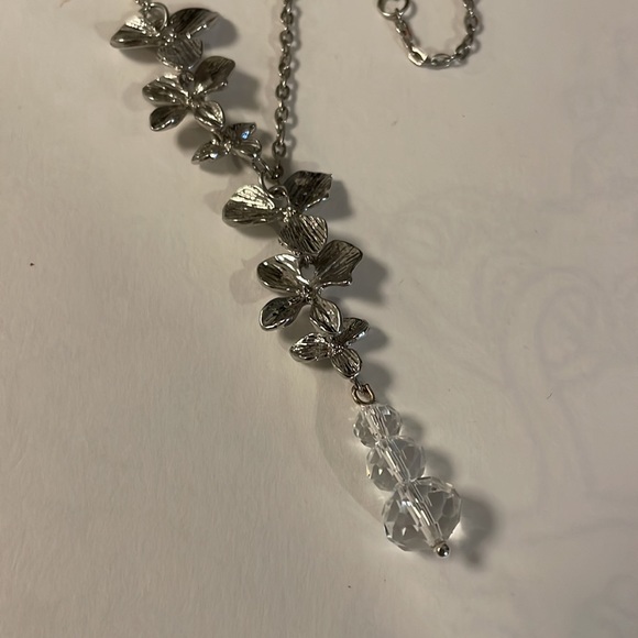 Upcycled & Reimagined Silvertone Necklace w Silver Blooms & 3 Crystal Drop - Picture 1 of 3